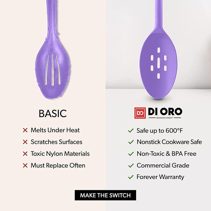 DI ORO Silicone Cooking Spoons - Solid & Slotted Set, 2-Pc Lavender | Large heads for mixing, serving, and stirring; Heat-resistant to 600F for nonstick cookware; BPA-free and dishwasher safe