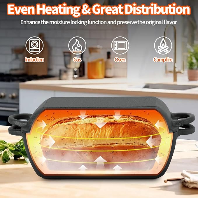 Oval Cast Iron Dutch Oven for Bread Baking, 6.35Qt Bread Baking Pan with Lid, Multi-Functional Dutch Oven Pot with Bread Baking Supplies for Bread Baking, Frying and Braising