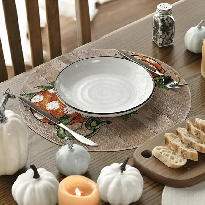 Artoid Mode Wood Pumpkins Round Fall Placemats Set of 4-14 Inch | Heat-Resistant, Washable Table Mats, Seasonal Autumn Kitchen Dining Decor