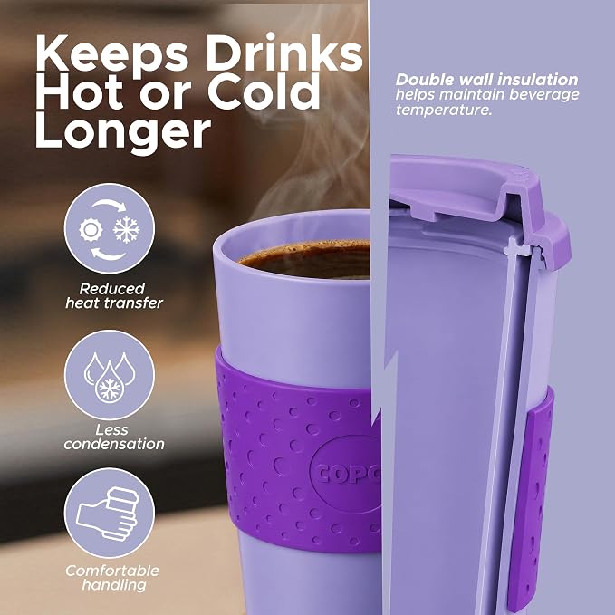 Copco Acadia Travel Mug, 16 Oz - Purple & Light Purple, Set of 2 | Reusable Double Wall Insulated Cup with Spill-Resistant Lid, Non-Slip Grip, Fits Car Cup Holders, Microwave & Dishwasher Safe
