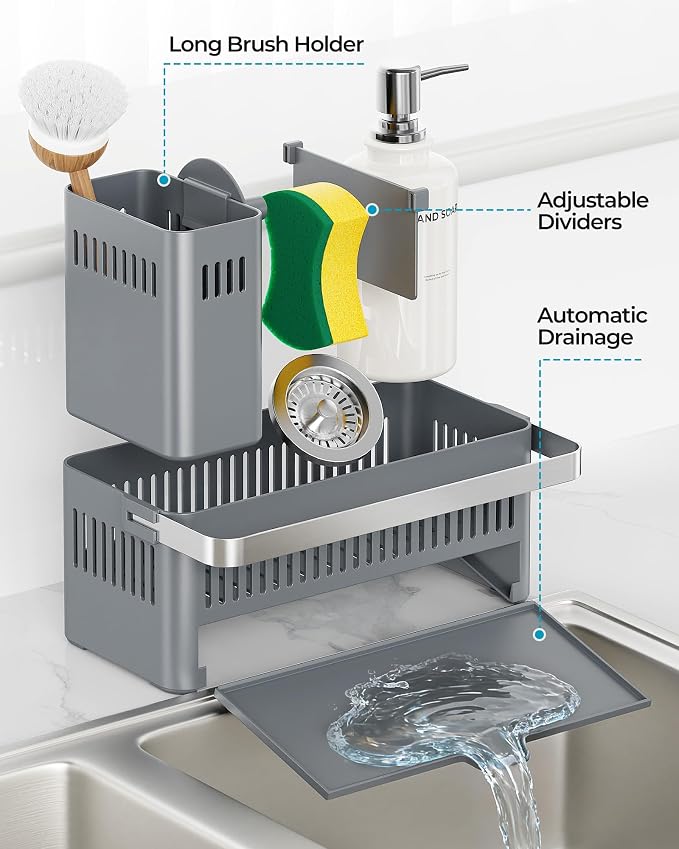 Nieifi Sponge Holder, Grey Rustproof ABS Sink Caddy with Towel Rack | Smiley Sponge and Brush Holders with Drainage to Keep Items Dry. 10"L x 4.5"D. Kitchen Counter Organizer & Essential Storage.
