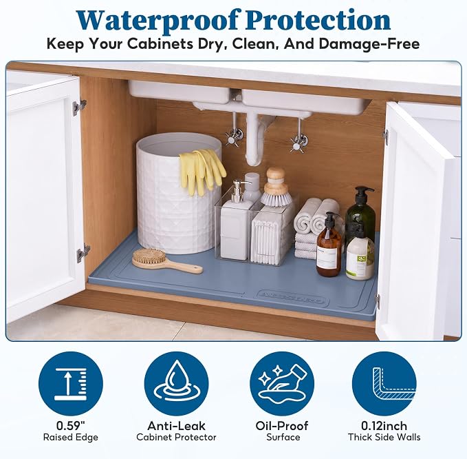 Under Sink Mat 25x19, Waterproof Liner for Under Sink Organizers, Dark Blue | BPA-Free Silicone with 0.59" Raised Edge Helps Contain Leaks, Spills & Drips to Protect Kitchen Cabinets