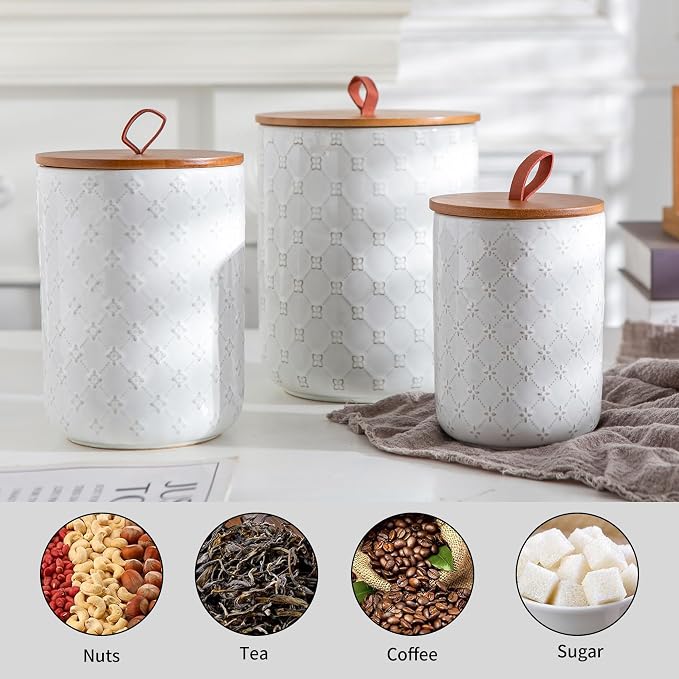 White Ceramic Canisters Set with Airtight Lids, 82/48/30 oz Coffee Canisters Sets for the Kitchen, Large Jars for Flour, Sugar, Pasta, Coffee, Cookies, Tea - Set of 3, Embossed Pattern