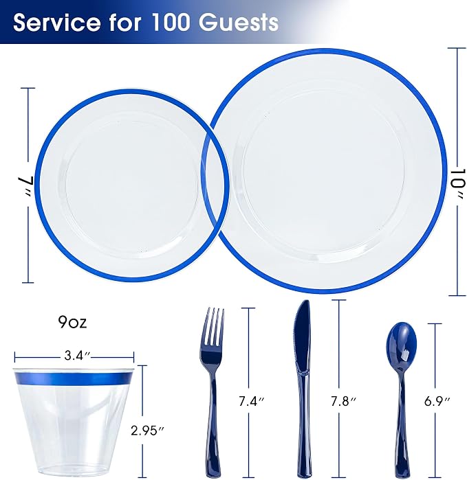 600PCS Clear Blue Plastic Plates, Disposable Dinnerware Set for Party | 100 Guest, 100 Dinner & Dessert Plates, Forks, Spoons, Knives, Cups, Navy Blue, for Wedding, Bridal Shower, Labor Day