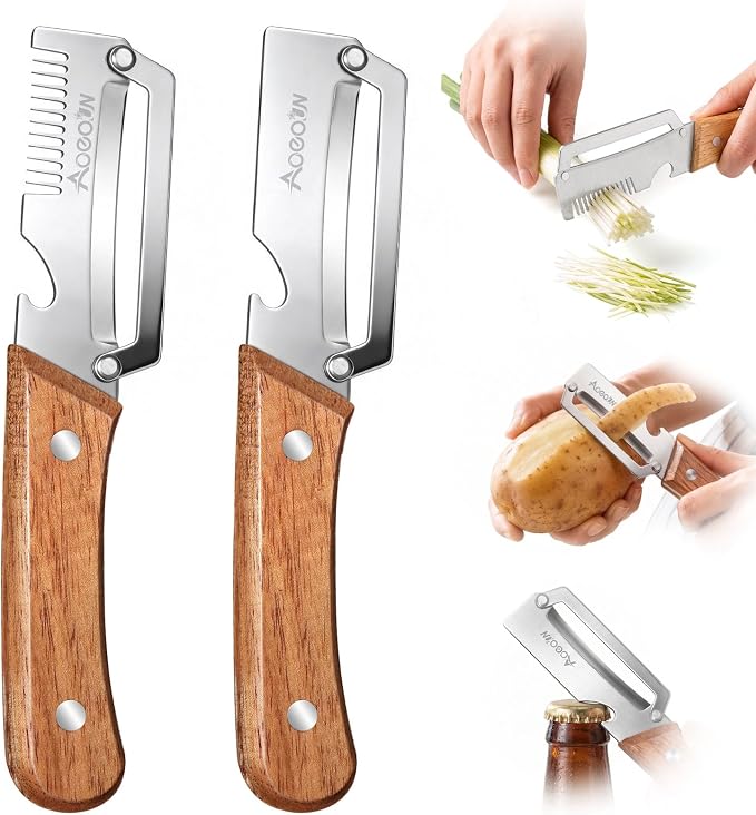 2 Pack Multifunctional Vegetable Peeler With Wooden Handle and Bottle Opener, 3-in-1 Stainless Steel Potato Peeler for Kitchen, 2026 Upgraded Ergonomic Hand Held Peeler Knife for Fruit & Vegetables