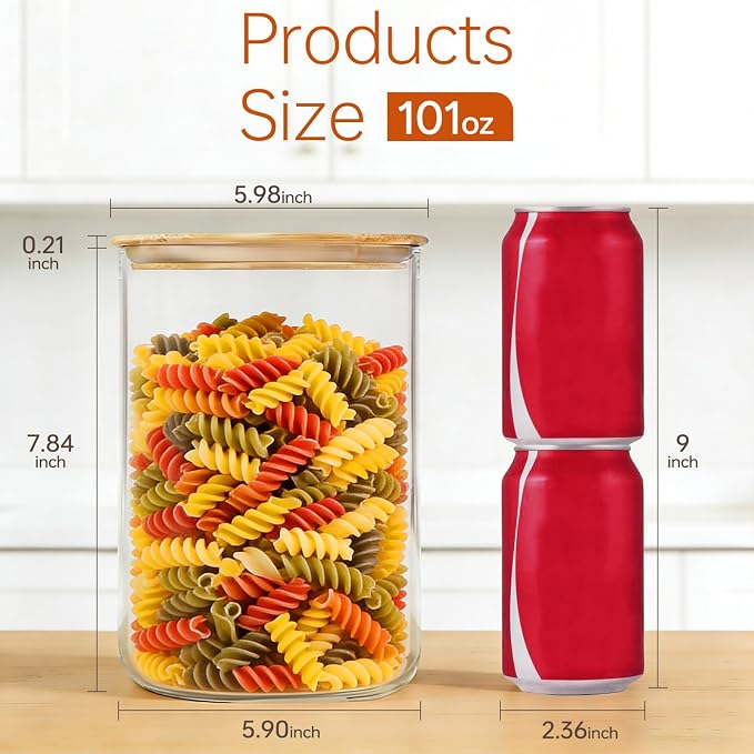 2-Pack Glass Jars with Bamboo Lids,101oz Flour Sugar Containers | Set of 2 Large Kitchen Airtight Food Storage Jars for Flour, Rice, Oats, Coffee Beans, Sugar, Candy, Cookies, Spices
