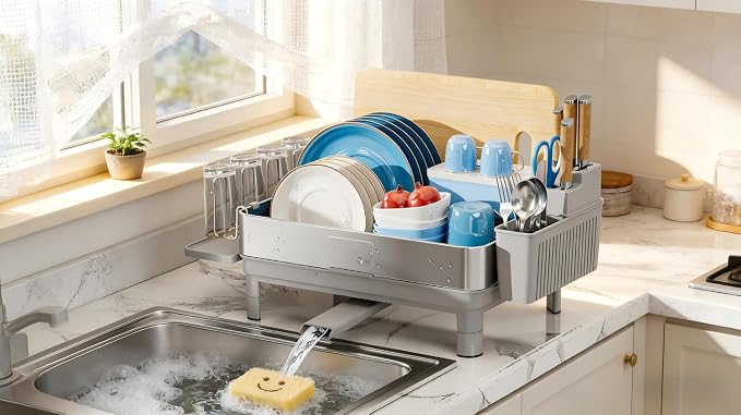 Dish Drying Rack, 304 Stainless Steel Dish Racks for Kitchen Counter | Dish Drainers with Automatic Drainage, Utensil Holder & Cups Holder, Space Saving Kitchen Organizer, Gray
