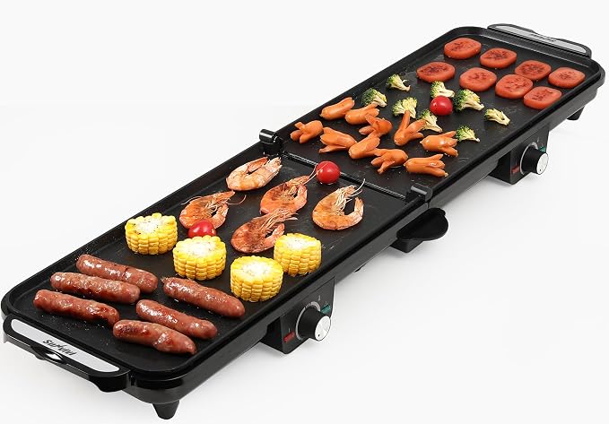 35''Electric Large Griddle - 1600W,Foldable Dual Zone,Nonstick | Long Skillet with Adjustable Temp,Pancake Egg Maker,Drip Tray,Indicator Light for Indoor/Outdoor/BBQ/Camping/Pancake