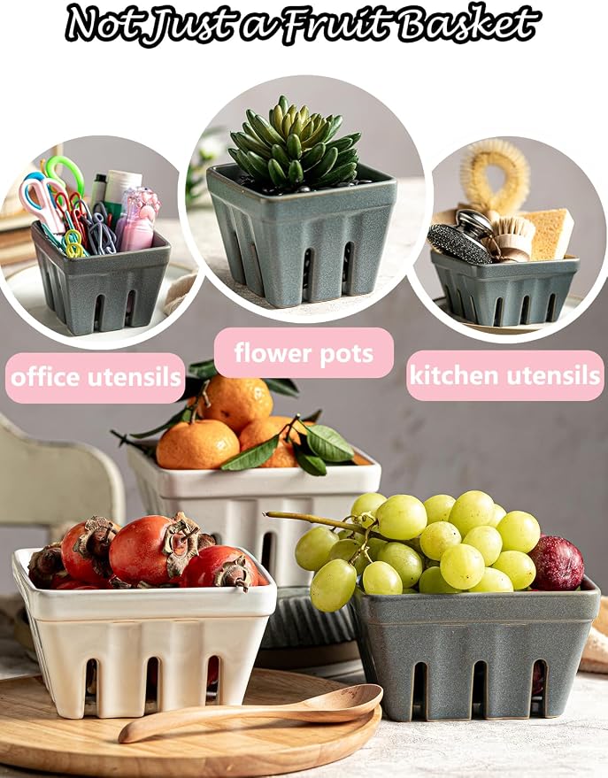 Gomakren Fruit Basket for Kitchen, Berry Washing Bowl, Ceramic Berry Basket Set of 2, Fruit Bowl with Holes, 5.7 Inch Square Berry Containers for Fridge, Table, Modern Kitchen Decor, Slate Blue