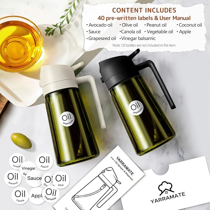 40 Labels for Oil Dispenser & Installation Guide for Oil Sprayer Bottles, Stickers for Olive Oil, Sauce, and More