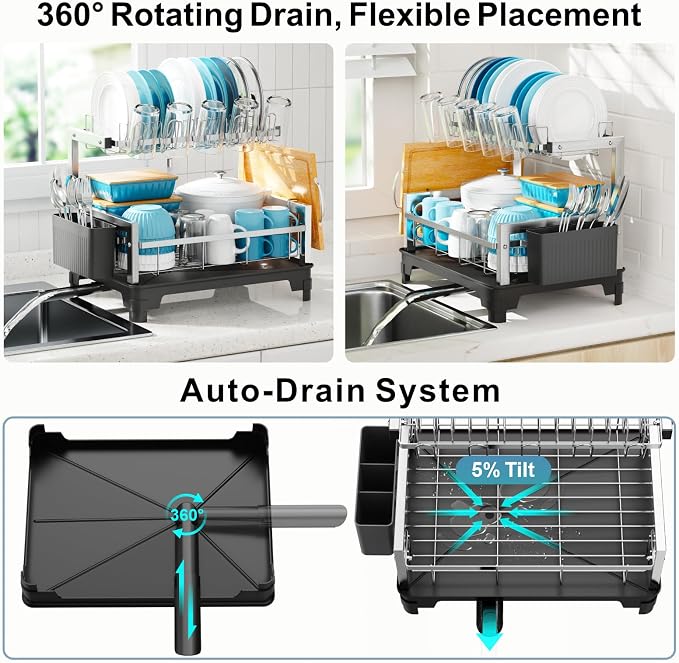 Stainless Steel Dish Drying Rack 2 Tier, Compact Dish Racks for Kitchen Counter with Cutting Board Holder, Auto-Drain Spout, Rust Proof Dish Drainer for Apartment, 21" L x 12.6" W, Silver