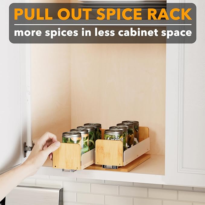 SpaceAid Bamboo Pull Out Spice Rack Organizer for Cabinet, Heavy Duty Slide Out Seasoning Kitchen Pantry Sliding Vertical Organization, 7.3" Wide, 2 Drawers(3" Wide), 1-Tier, Natural