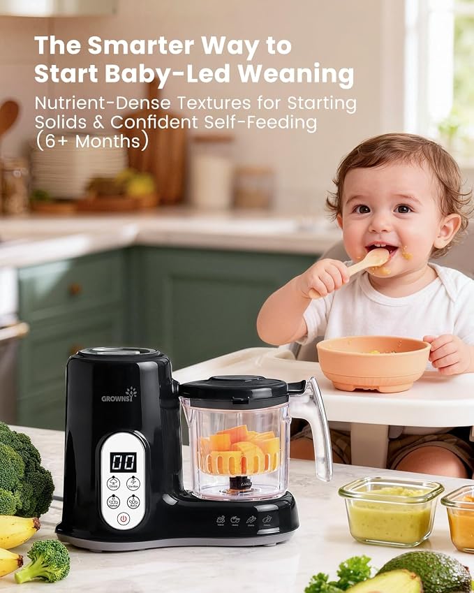 Grownsy Baby Food Maker, Steamer & Blender Baby Food Processor, Black | BPA-Free Elevated Steam Basket, Healthy Homemade Baby Food Purees, Starting Solids & BLW, Baby Feeding Essentials, 6+ Months