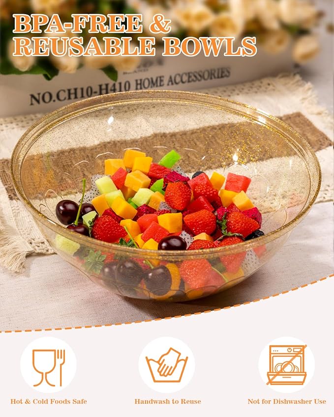 BESTVIP 150 Oz Glitter Gold Plastic Serving Bowls, 4 Pack | 11.6-Inch Disposable & Reusable Bowls for Salad, Snacks, Chips & Candy, Stackable for Parties, Holidays & Meal Prep