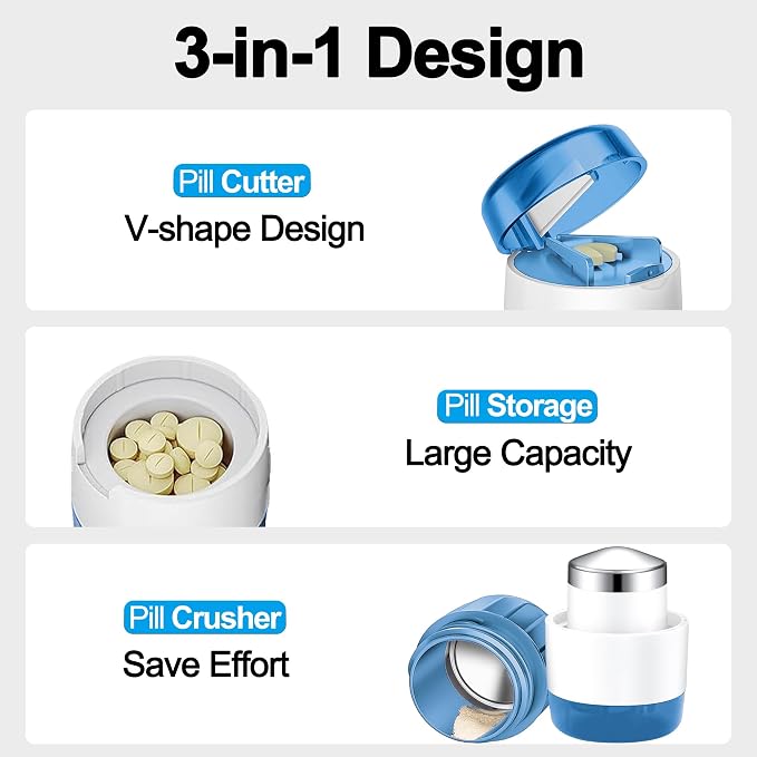 DUBSTAR 3-in-1 Pill Crusher Fine Powder Pill Grinder Pill Cutter Blue | Pill Crushers for Elderly and Pet with Pill Storage and Brush, Pill Splitter for Small or Large Pills