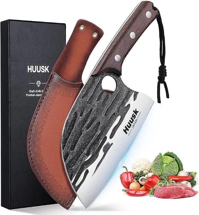 Huusk Meat Cleaver Knife with Sheath, Hand Forged Chopping Butcher Knives | Heavy Duty Serbian Chef Knife for Meat & Bone Cutting, Full Tang Ergonomic Wood Handle, BBQ Camping Gift for Men & Dad