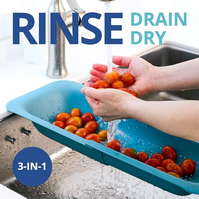 BLUE GINKGO Over the Sink Colander Strainer Basket - Wash Vegetables and Fruits, Drain Cooked Pasta and Dry Dishes - Extendable - New Home Kitchen Essentials (7.9 W x 14.5-19.5 L x 2.75 H) - Teal | Fits Most Sinks. Rinse, Drain and Dry with Ease.