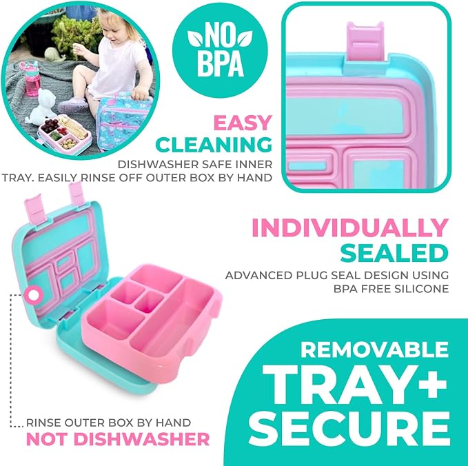kinsho Kids Bento Lunch Box, Water Bottle, Ice Pack & Bag, Aqua Cat Mermaid | 5 Leakproof Portion Compartments, BPA-Free Removable Tray, Insulated Meal, Snack Container for Toddlers, Pre-School & Daycare