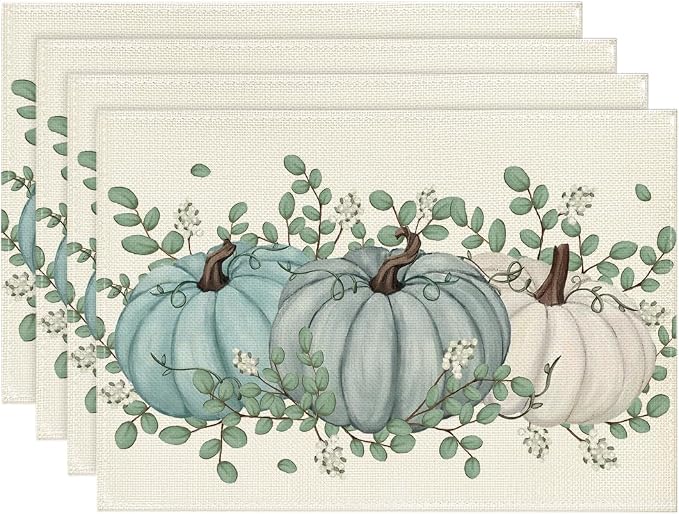 Artoid Mode Pumpkins Eucalyptus Leaves Fall Placemats Set of 4, 12x18 Inch Autumn Thanksgiving Holiday Table Mats for Party Kitchen Dining Decoration | Heat-Resistant Table Mats, Washable Seasonal Autumn Leaves Kitchen Dining Decor