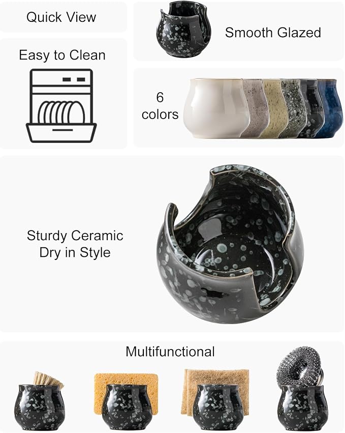 Zoeeker Kitchen Sponge Holder, Ceramic Dish Sponge Holder for Kitchen Sink | Scrub Sponge Dish Rack Sink Caddy Organizer Brush Holder Kitchen Storage Accessories for Bathroom, Sink, Countertop, Black
