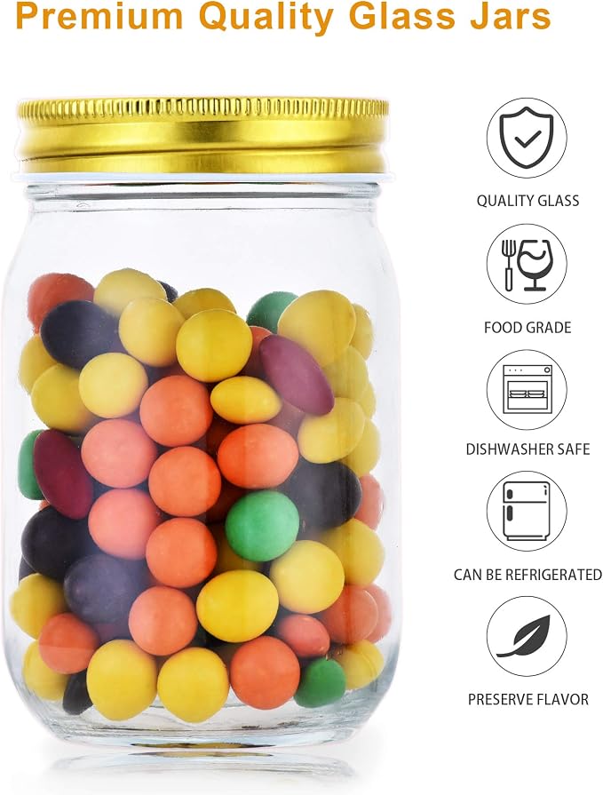 12oz Glass Jars With Lids Regular Mouth 20 Pack -Mason Jars 12 oz For Crafts, Meal Prep, Canning Jars For Food Storage Frascos De Vidrio Con Tapa Para Conservas-with 20 Chalkboard Stickers-Gold Lid | Regular mouth canning jars for pickles,meal prep,cra...