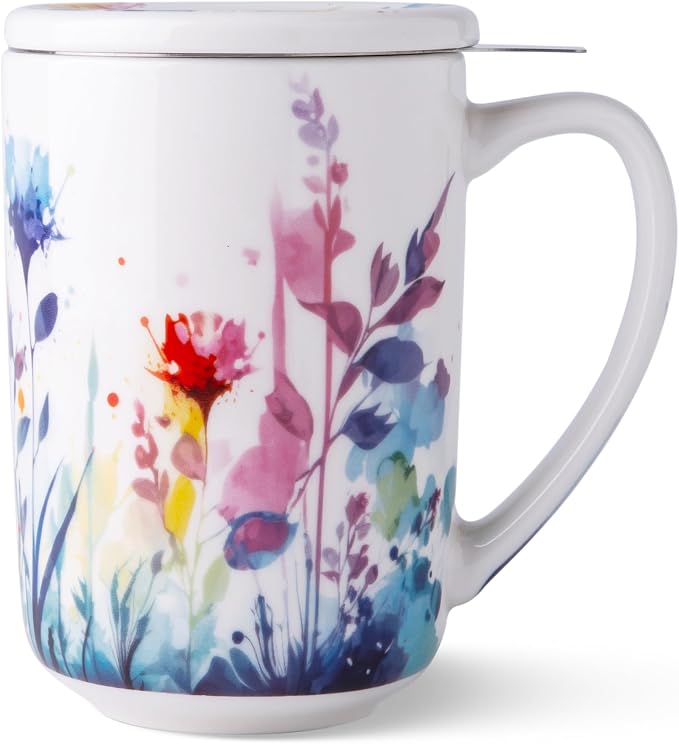 AmorArc Tea Cup With Infuser and Lid, 18oz Loose Leaf Tea Mug With Steeper | Porcelain Tea Mug With Infuser and Lid, Large Strainer Tea Cup with Lid for Tea, Coffee Mug for House-warming Birthday Gift