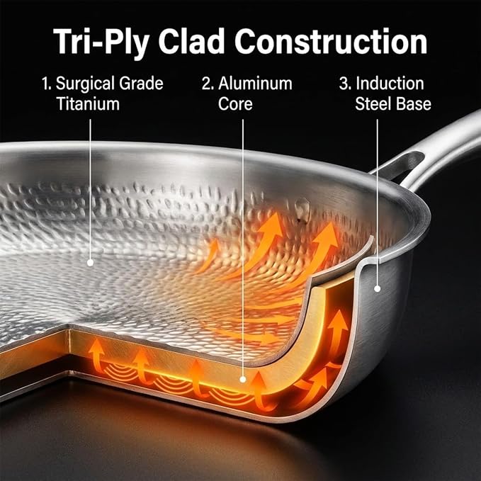 10" Titanium Frying Pan with Lid, Non-Stick Hammered Skillet | 3-Ply Heats Fast & Evenly, PFAS/PFOA/PTFE Free, Scratch-Resistant, for Induction & Gas, Oven-Safe to 500°F, Dishwasher Safe