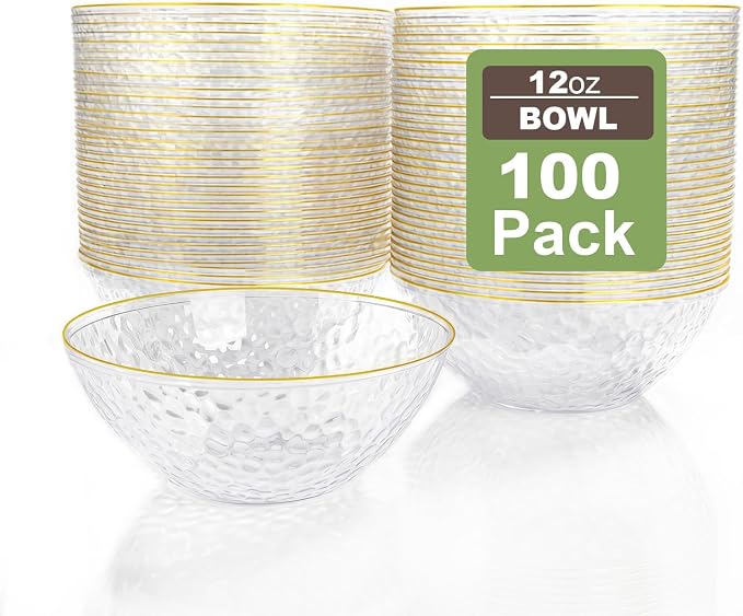 Rubtlamp 100 Pack Clear Disposable Bowls, Clear Plastic Bowls with Gold Rim, 12-16oz Premium Heavy Duty Plastic Hammered soup Bowls for Milk Cereals, Snacks, Salads