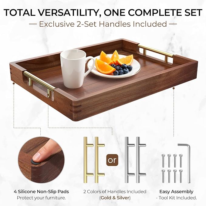Acacia Wood Serving Tray with 2 Sets of Handles (Gold & Silver) - 17" Large Wooden Tray for Ottoman Coffee Table, Decorative Tray for Living Room & Kitchen - Solid Wood Table Topper