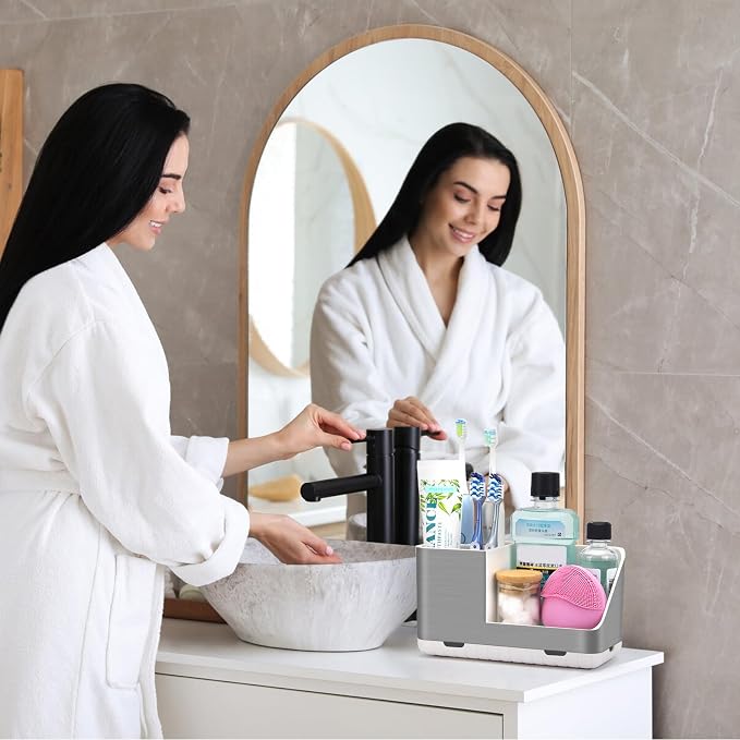 Toothbrush Holders for Bathroom Countertop Organizer (Brushed Silver Grain) | Easy To Clean, Drainage, Non-Slip, Detachable, Kids Electric Toothbrush and Toothpaste Holder for Bathrooms