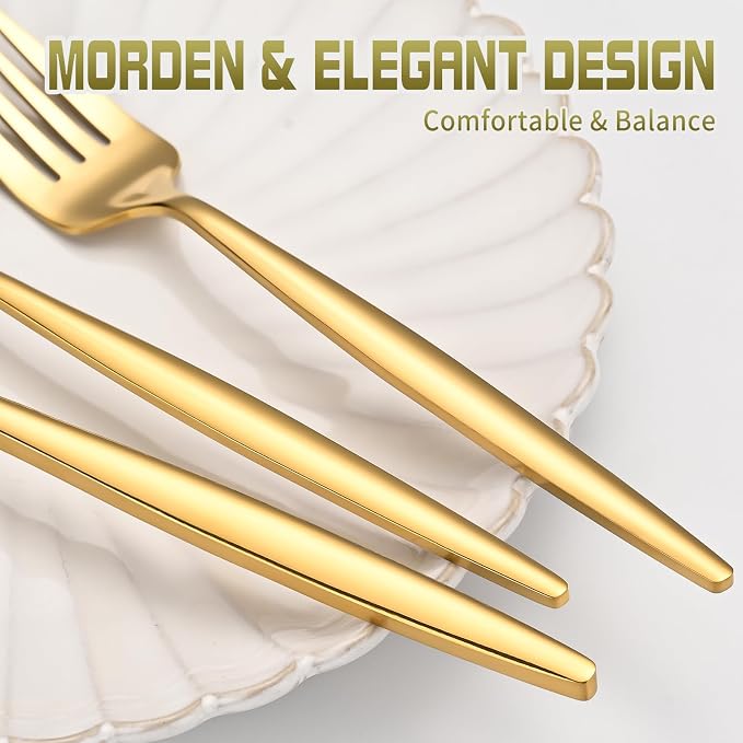 60-Piece Gold Silverware Set for 20, Food Grade Stainless Steel Flatware Set with Thickened Forks Spoons Knives, Mirror Polished Gold Cutlery for Wedding Party Restaurant, Dishwasher Safe