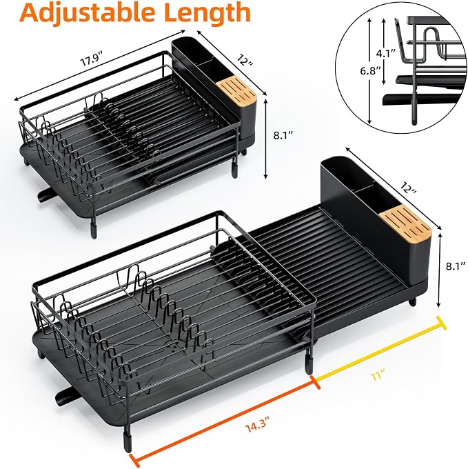 Urackify Extendable Dish Drying Rack, 18.5"-26.7" L x 12.7" W, Black | Multifunctional large dish rack with cup holder and built-in cutlery holder for versatile drying needs