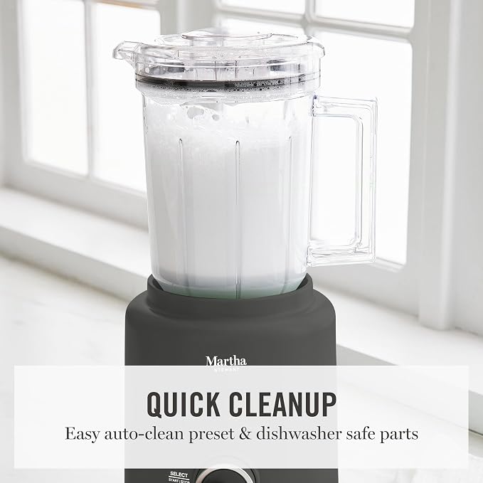 Martha Stewart 50oz Countertop Blender, 3 Speeds, 5 Presets, Caviar Gray | BPA-Free Pitcher, Smoothies, Margaritas, Milkshakes & Ice Crushing, Stainless Steel Blades, Auto-Clean, Dishwasher-Safe Parts