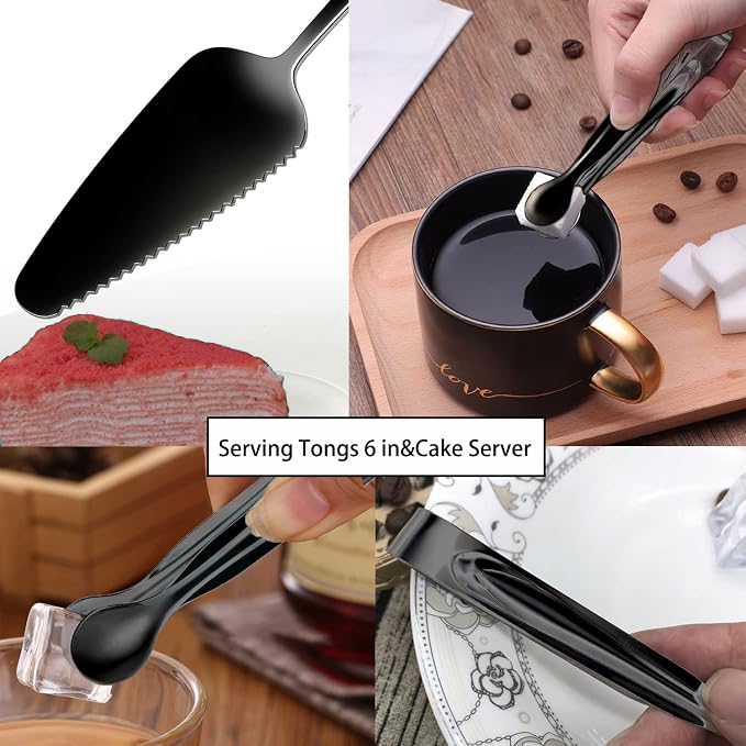 8 PCS Stainless Steel Serving Utensils, Large Serving Spoons Slotted Spoons, Forks, Ice Suger Tongs, Cake Server, Soup Ladle, Metal Utensils Set Great for Buffet Catering Banquet Party, Black
