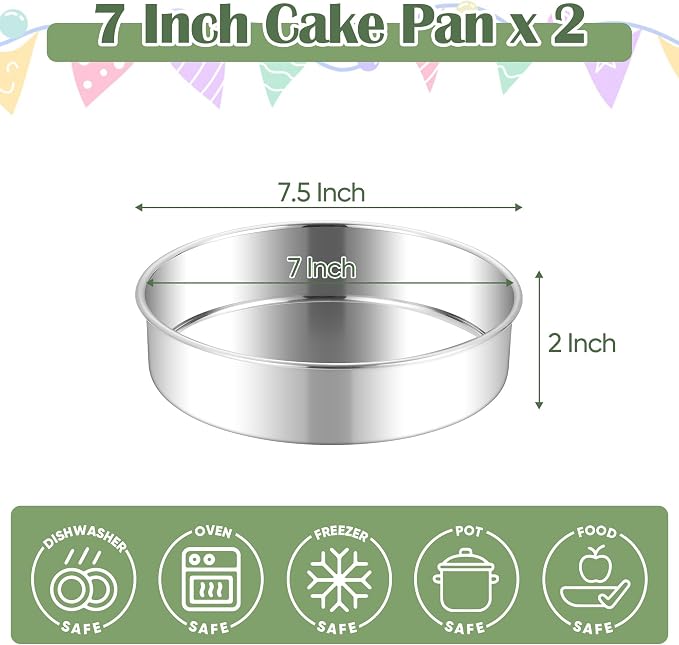 E-far 7 Inch Cake Pan Set of 2, Stainless Steel Round Baking Pans Tins Mold | Non-Toxic & Leak-Proof for Birthday Wedding Layer Tiered Cake, Easy Clean & Dishwasher Safe