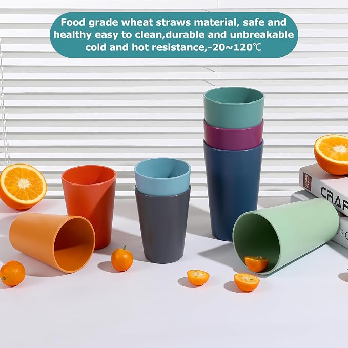 HEYCOME Set of 16 Wheat Straw Cups, 16 Pcs 20 oz Unbreakable Drinking Cups, Reusable Plastic Cups Sets, Water Glasses Tumblers, Microwave & Dishwasher Safe, Bpa Free, 8 Colors