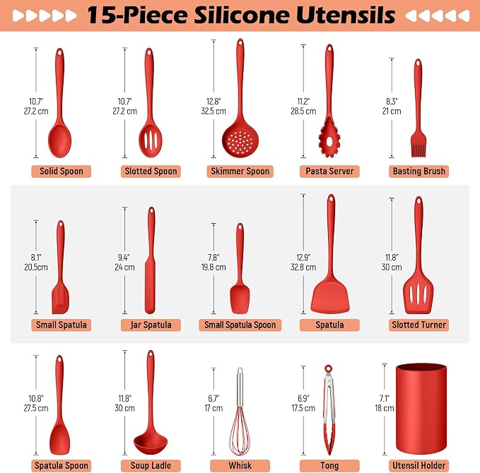 Homikit Kitchen Cooking Utensils Set, 15-Piece Silicone Spatula with Holder | Silicone Kitchen Utensil for Nonstick Cookware, 446°F Heat Resistant Spoon Turner Tong Whisk Brush for Cooking & Baking, Red