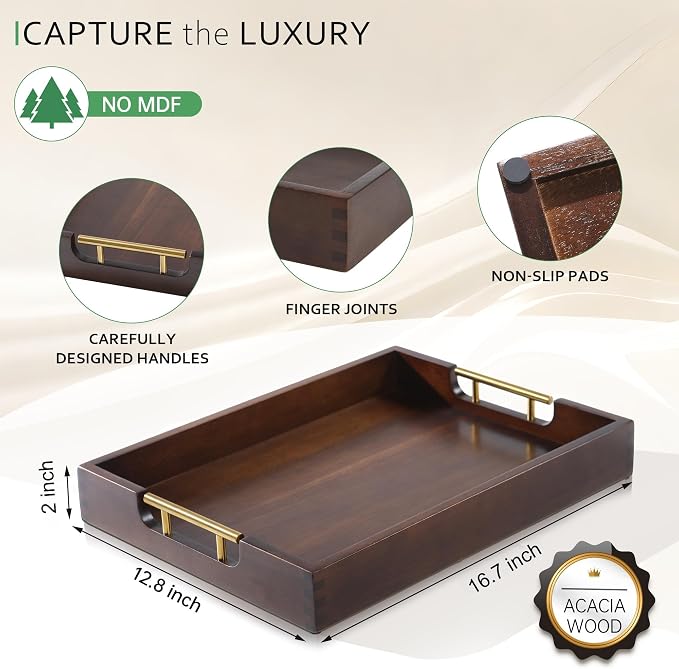 Joy&Grace Acacia Wood Ottoman Tray with Handles 16.7" x 12.8" | Large Acacia Wooden Serving Tray for Coffee Table Living Room, Breakfast in Bed, Food Dinner, Kitchen, Couch (Color Natural)