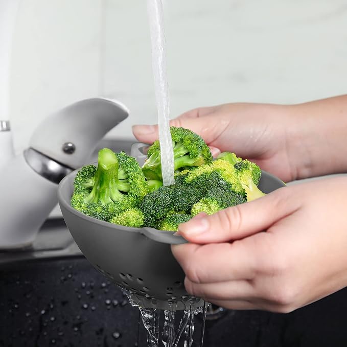 Meadow Lane 6-Inch Small Colander, 3-Cup Food Strainer, Silver Gray | BPA-free, dishwasher-safe mini colander has a wide, shallow bowl, 1/8-inch holes, two handles, ring foot and smooth edges.