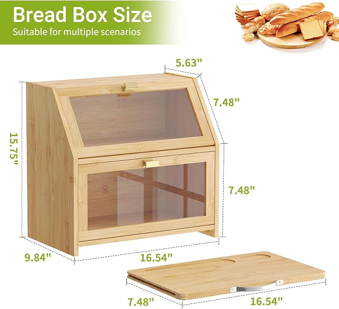 BMOSU Bread Box with Cutting Board for Kitchen Countertop Corner Bread box Double Layer Bamboo Extra Large Capacity Bin Kitchen Food Storage Container (Natural)