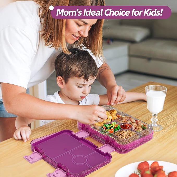 Bento Lunch Box for Kids, 5/6 Compartments, Shiny Purple and Clear | Dishwasher Safe Back to School Snack Bento Lunch Containers Boxes, Ideal Portion Sizes for On-the-Go Meal, Ages 3+, School