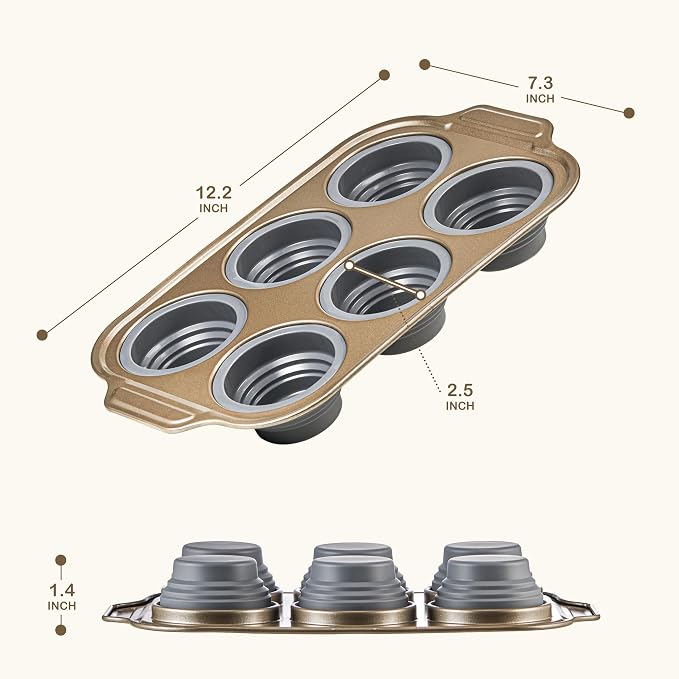 2-Pack Foldable Nonstick Silicone Baking Pans, 6 Cups for Baking Muffins, Egg Bite, Brownies. Easy to pop and clean. Dishwasher Safe BPA Free.