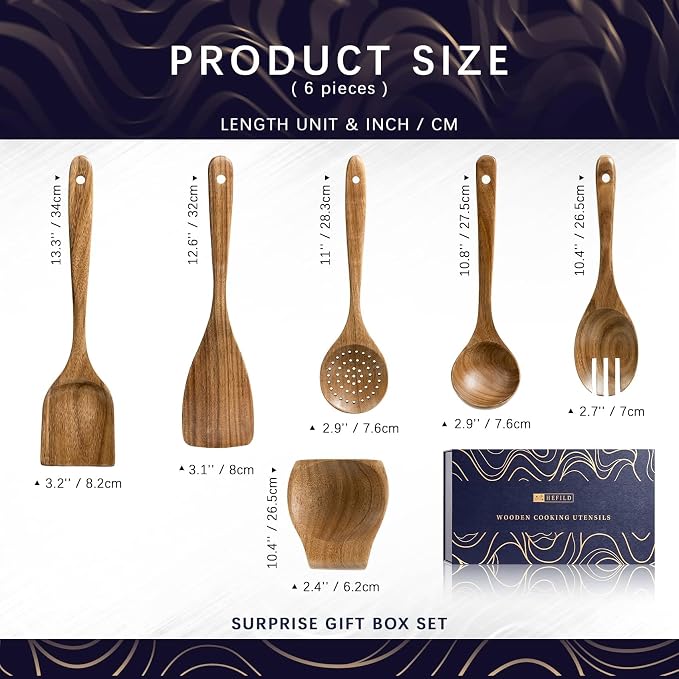 Wooden Spoons for Cooking, 6-Piece Acacia Wood Utensil Gift Set | Spoons and spatulas stir, mix, flip and serve; gift-ready box makes it ideal for housewarmings, weddings and new kitchens.