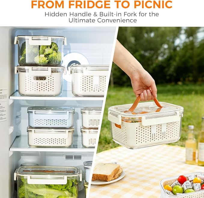 Fruit Storage Containers for Fridge,berry containers with Colander and Built-in Forks,2 packs 57oz & 13oz Airtight Food Containers with Lids, BPA Free Berry Keeper, to go box for lunch, travel, office