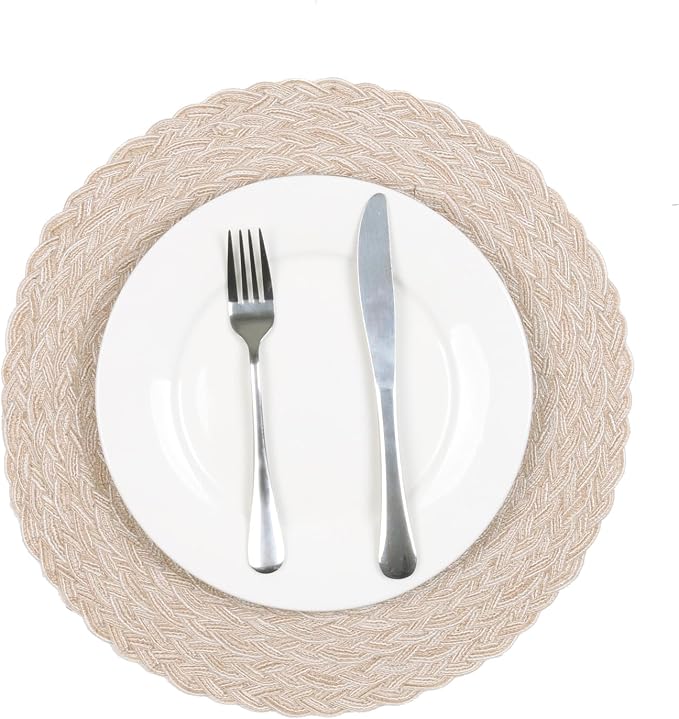 SHACOS Round Braided Placemats 15 inch Set of 6 Thick Boho Kitchen Table Placemats for Home Wedding Party (T-Beige, 6)