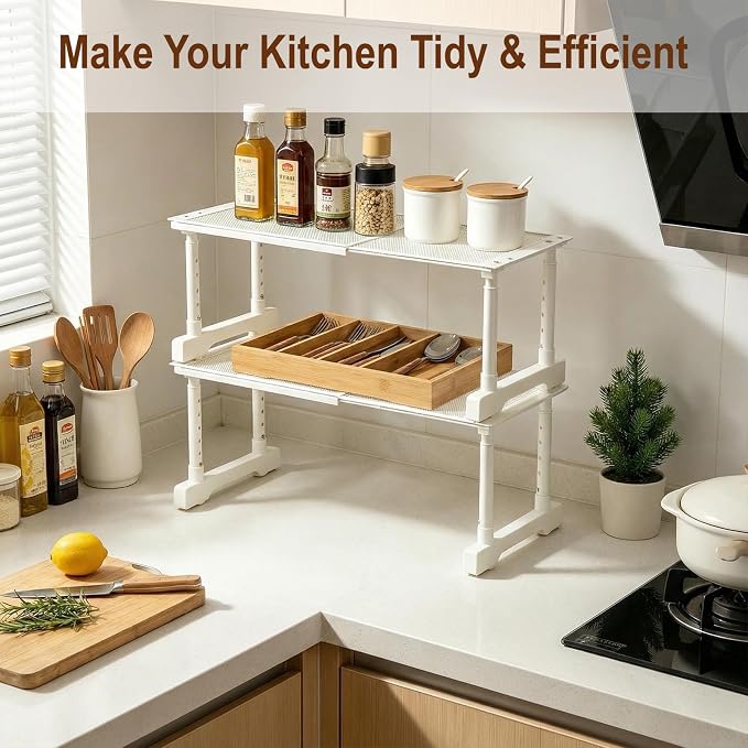 Expandable Cabinet Organizer Shelf, Adjustable Height Under Sink Storage Organizer, Shelf Riser for Kitchen, Bathroom, Wardrobe, Under Sink Counter(Beige) (2)