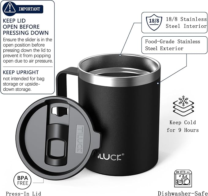 TILUCK 12 oz Insulated Coffee Mug with Lid and Handle | BPA-Free Lid, Double-Wall Vacuum Insulation, Stainless Steel Coffee Cup, Dishwasher Safe Mug for Hot & Cold Drinks,MatteBlack
