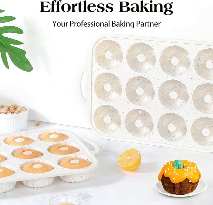 Vinino 3 Inch Silicone Mini Fluted Tube Cake Pans, 2 Pack with Metal Frame | 12-Cavity Mini Cake Mold Set for Batch Baking, Perfect for Flan, Donuts, Muffins, Brownies & Desserts