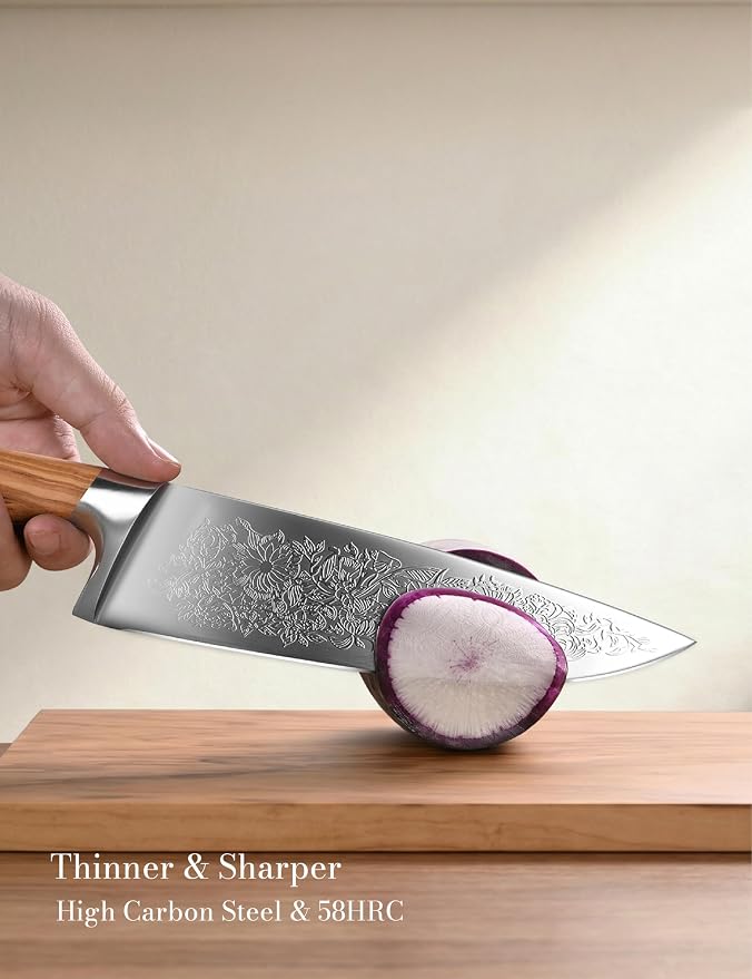 Chef Kitchen Knife 8", Embossed Botanical Blade, Olive Wood Handle | Created in collaboration with a German designer. Includes leather sheath and gift box for elegant presentation
