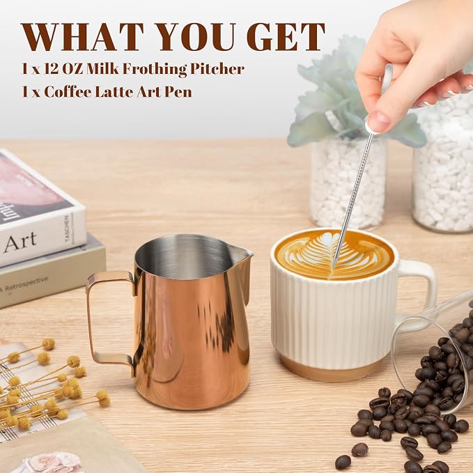 Amrules Milk Frothing Pitcher, 12 oz Milk Frother Cup with Clear Scale, 304 Stainless Steel Cappuccino Espresso Machine Accessories for Barista Coffee Bar with Latte Art Pen, Rose Gold
